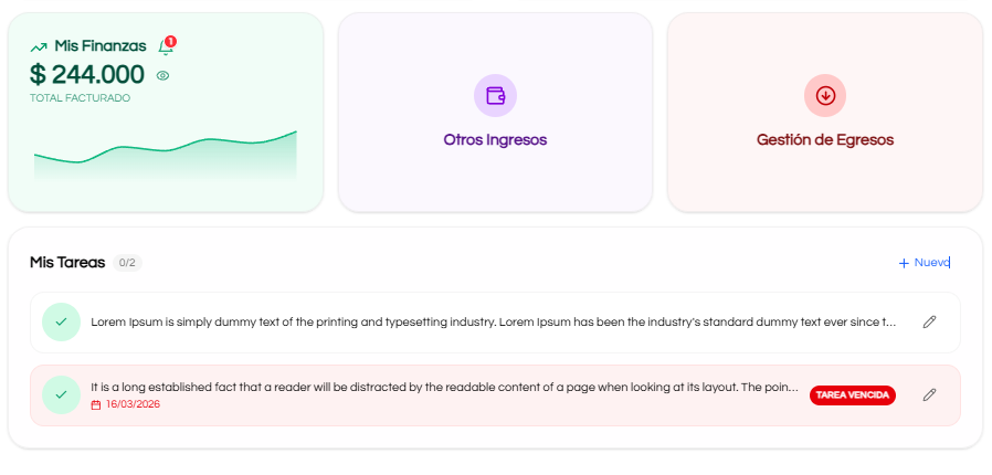 Dashboard con finanzas y tareas