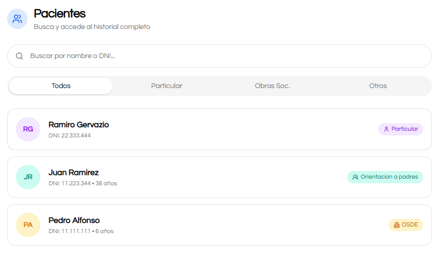 Lista de pacientes con filtros
